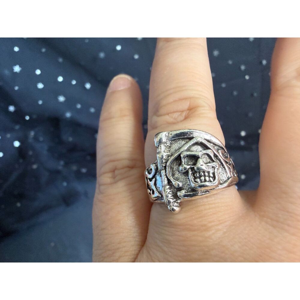 Grim Reaper Ring Size 8.5, Silver Tone Gothic Statement Ring